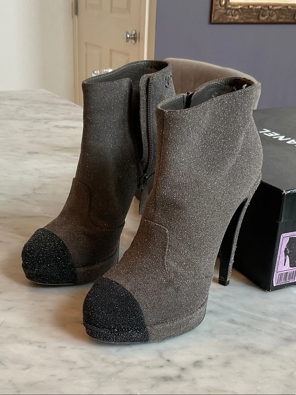 CHANEL Gray Glitter Platform Ankle Boots with Black Cap Toe